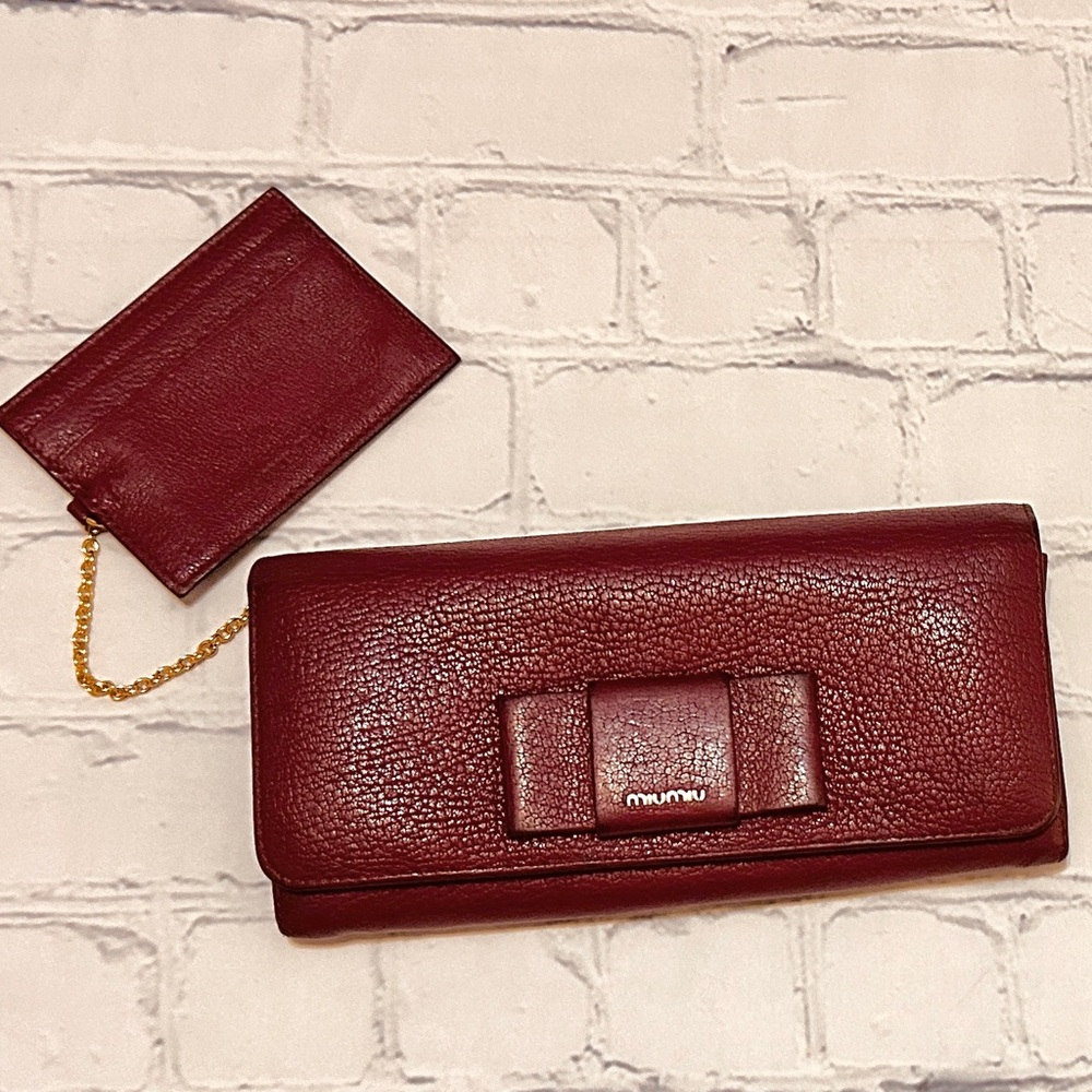 Miu Miu Maroon Long Bow Wallet With Removable ID / Card - Includes Original Box